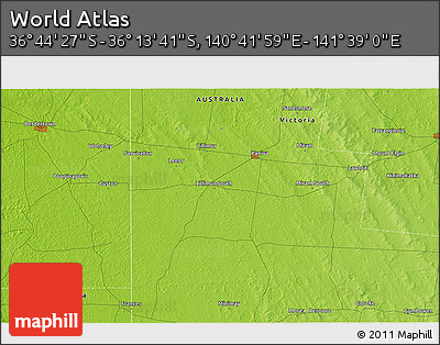 Physical 3D Map of the Area around 36° 29' 4" S, 141° 10' 30" E