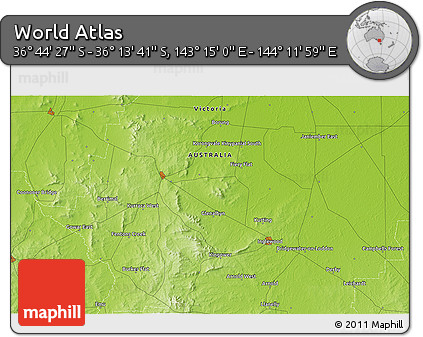 Physical 3D Map of the Area around 36° 29' 4" S, 143° 43' 29" E