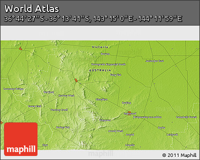 Physical 3D Map of the Area around 36° 29' 4" S, 143° 43' 29" E