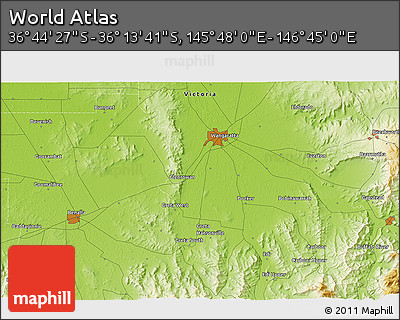 Physical 3D Map of the Area around 36° 29' 4" S, 146° 16' 30" E