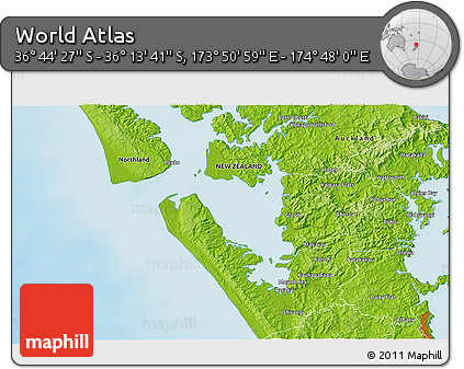 Physical 3D Map of the Area around 36° 29' 4" S, 174° 19' 29" E