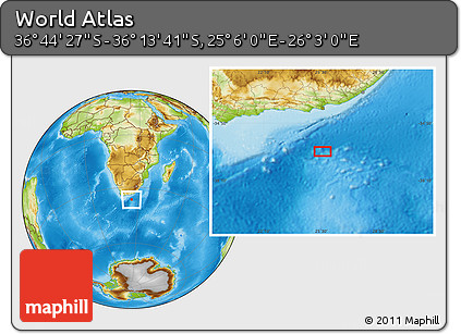 Physical Location Map of the Area around 36° 29' 4" S, 25° 34' 30" E