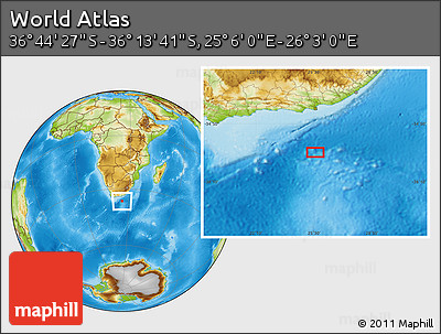 Physical Location Map of the Area around 36° 29' 4" S, 25° 34' 30" E