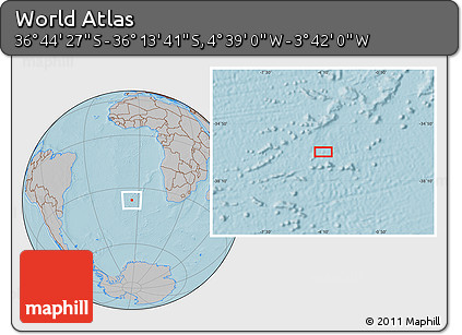 Gray Location Map of the Area around 36° 29' 4" S, 4° 10' 30" W, hill shading