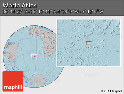 Gray Location Map of the Area around 36° 29' 4" S, 4° 10' 30" W, hill shading