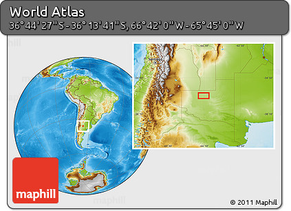 Physical Location Map of the Area around 36° 29' 4" S, 66° 13' 29" W