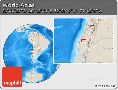 Shaded Relief Location Map of the Area around 36° 29' 4" S, 72° 10' 30" W