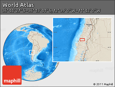 Shaded Relief Location Map of the Area around 36° 29' 4" S, 72° 10' 30" W