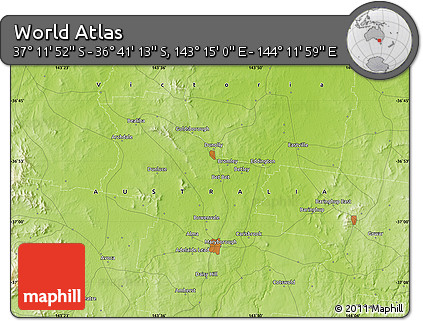 Physical Map of the Area around 36° 56' 32" S, 143° 43' 29" E