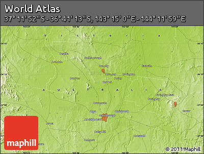 Physical Map of the Area around 36° 56' 32" S, 143° 43' 29" E