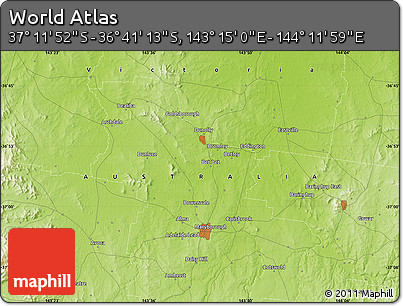 Physical Map of the Area around 36° 56' 32" S, 143° 43' 29" E