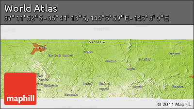 Physical Panoramic Map of the Area around 36° 56' 32" S, 144° 34' 29" E