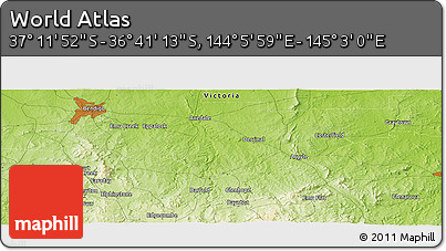 Physical Panoramic Map of the Area around 36° 56' 32" S, 144° 34' 29" E