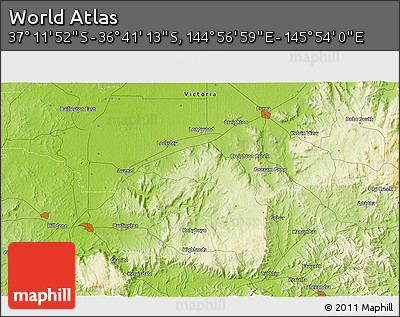 Physical 3D Map of the Area around 36° 56' 32" S, 145° 25' 30" E