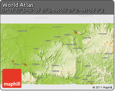 Physical 3D Map of the Area around 36° 56' 32" S, 145° 25' 30" E