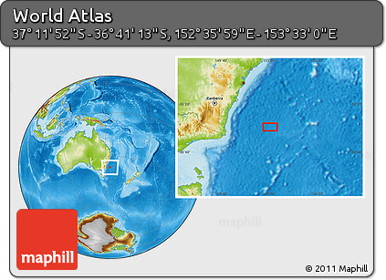 Physical Location Map of the Area around 36° 56' 32" S, 153° 4' 29" E