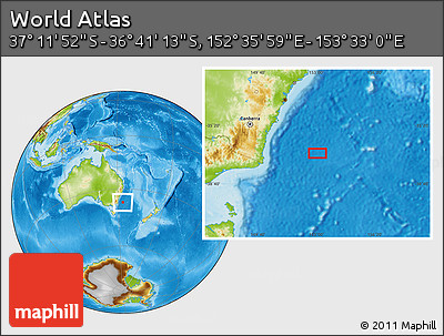 Physical Location Map of the Area around 36° 56' 32" S, 153° 4' 29" E