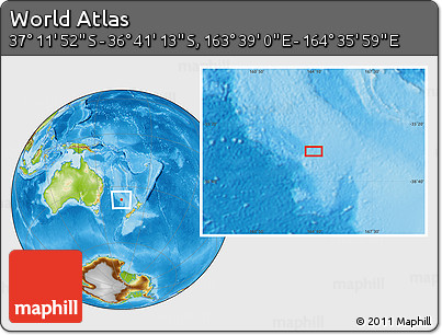 Physical Location Map of the Area around 36° 56' 32" S, 164° 7' 30" E