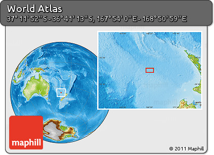 Physical Location Map of the Area around 36° 56' 32" S, 168° 22' 30" E