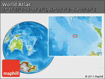 Physical Location Map of the Area around 36° 56' 32" S, 168° 22' 30" E