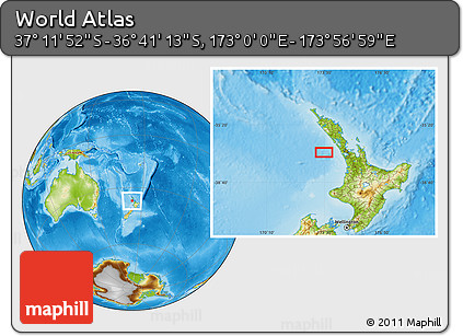 Physical Location Map of the Area around 36° 56' 32" S, 173° 28' 29" E