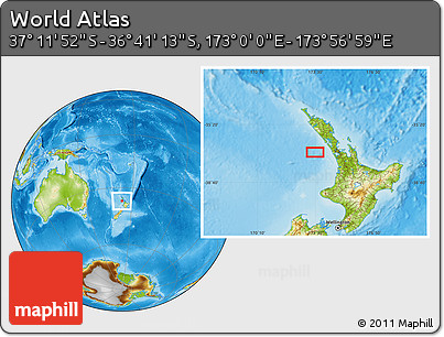 Physical Location Map of the Area around 36° 56' 32" S, 173° 28' 29" E