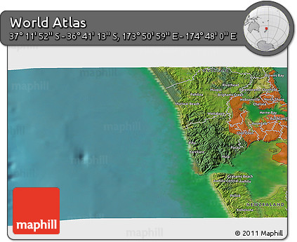 Satellite 3D Map of the Area around 36° 56' 32" S, 174° 19' 29" E