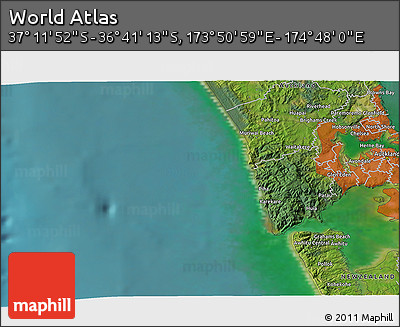 Satellite 3D Map of the Area around 36° 56' 32" S, 174° 19' 29" E
