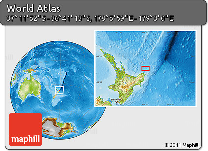 Physical Location Map of the Area around 36° 56' 32" S, 178° 34' 29" E