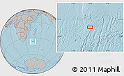 Gray Location Map of the area around 36° 56' 32" S, 44° 16' 29" E, hill shading