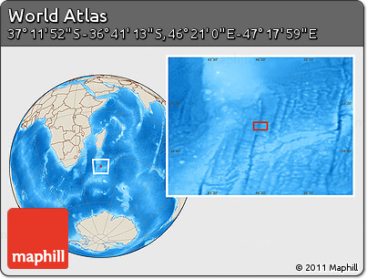 Shaded Relief Location Map of the Area around 36° 56' 32" S, 46° 49' 30" E