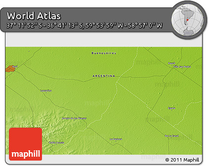 Physical 3D Map of the Area around 36° 56' 32" S, 59° 25' 29" W