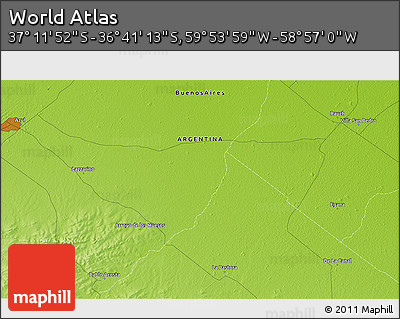 Physical 3D Map of the Area around 36° 56' 32" S, 59° 25' 29" W