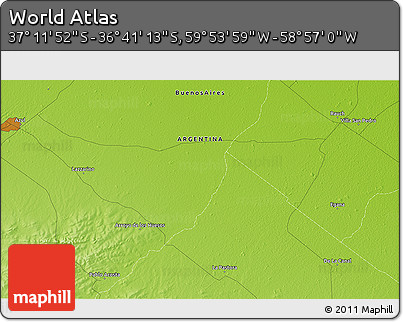Physical 3D Map of the Area around 36° 56' 32" S, 59° 25' 29" W