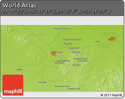 Physical 3D Map of the Area around 36° 56' 32" S, 60° 16' 29" W