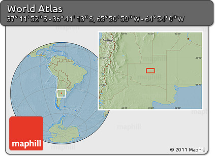 Savanna Style Location Map of the Area around 36° 56' 32" S, 65° 22' 30" W, hill shading