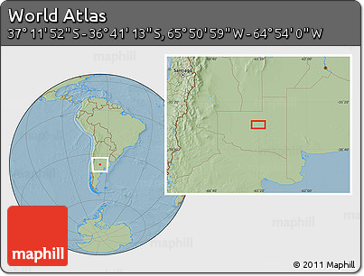 Savanna Style Location Map of the Area around 36° 56' 32" S, 65° 22' 30" W, hill shading