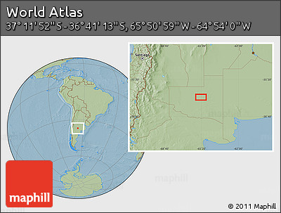 Savanna Style Location Map of the Area around 36° 56' 32" S, 65° 22' 30" W, hill shading