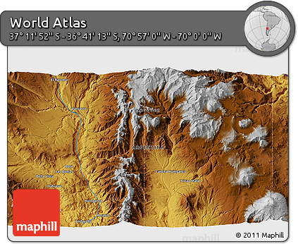 Physical 3D Map of the Area around 36° 56' 32" S, 70° 28' 29" W