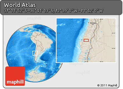 Shaded Relief Location Map of the Area around 36° 56' 32" S, 72° 10' 30" W