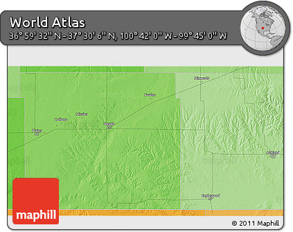 Political 3D Map of the Area around 37° 14' 49" N, 100° 13' 29" W