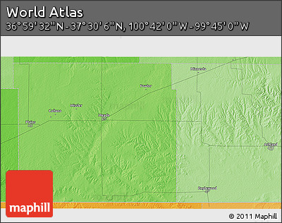 Political 3D Map of the Area around 37° 14' 49" N, 100° 13' 29" W