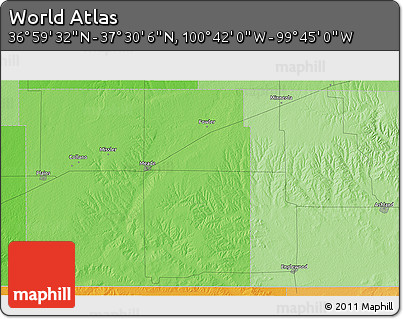 Political 3D Map of the Area around 37° 14' 49" N, 100° 13' 29" W