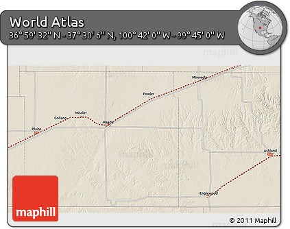 Shaded Relief 3D Map of the Area around 37° 14' 49" N, 100° 13' 29" W