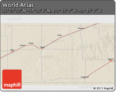 Shaded Relief 3D Map of the Area around 37° 14' 49" N, 100° 13' 29" W