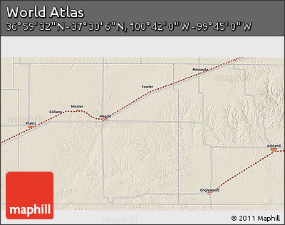 Shaded Relief 3D Map of the Area around 37° 14' 49" N, 100° 13' 29" W