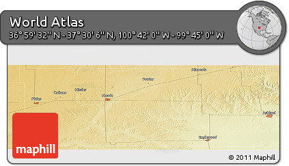 Physical Panoramic Map of the Area around 37° 14' 49" N, 100° 13' 29" W