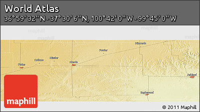 Physical Panoramic Map of the Area around 37° 14' 49" N, 100° 13' 29" W
