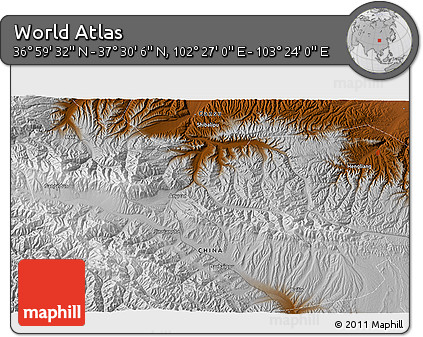 Physical 3D Map of the Area around 37° 14' 49" N, 102° 55' 30" E