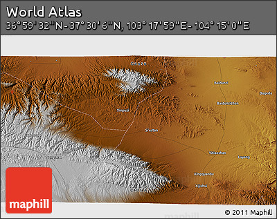 Physical 3D Map of the Area around 37° 14' 49" N, 103° 46' 30" E
